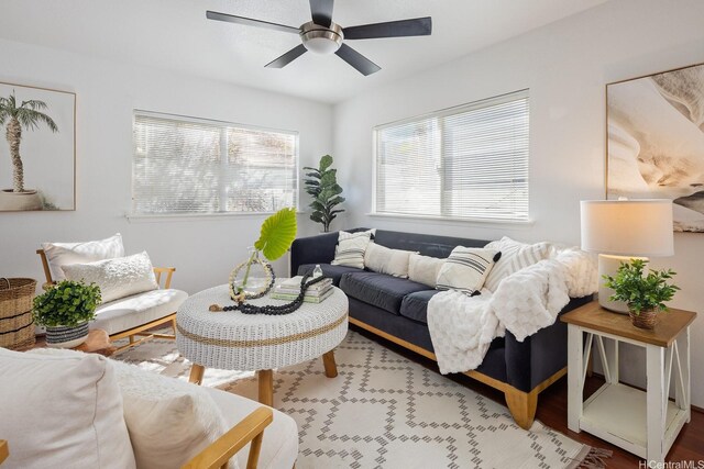 92-7049 Elele St Unit 22, Kapolei, HI 96707 - living area with a ceiling fan and wood finished floors