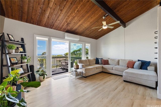 92-1041 Makakilo Dr Unit 82, Kapolei, HI 96707 - living area featuring wooden ceiling with exposed beams, wood finished floors, a ceiling fan, a wall mounted air conditioner, and high vaulted ceiling