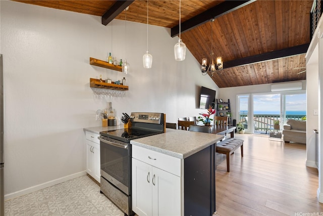92-1041 Makakilo Dr Unit 82, Kapolei, HI 96707 - kitchen with stainless steel electric range oven, wooden ceiling, a wall mounted AC, open floor plan, and light countertops