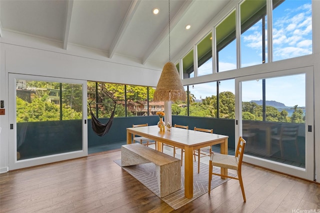 45-173 Kokokahi Pl, Kaneohe, HI 96744 - sunroom / solarium featuring beam ceiling, hardwood / wood-style flooring, recessed lighting, high vaulted ceiling, and a deck with mountain view
