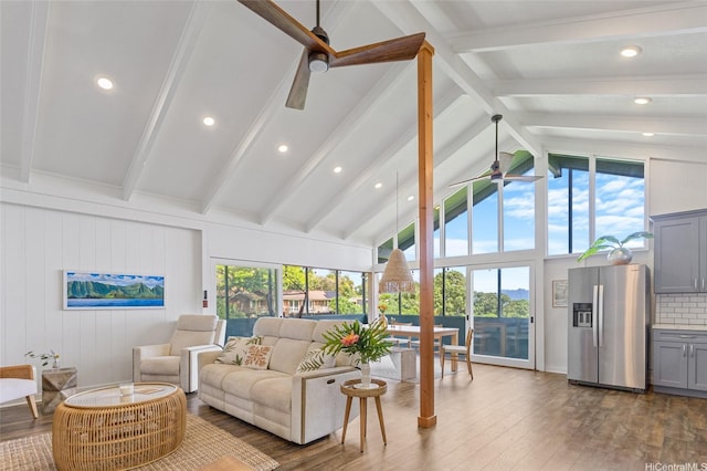 45-173 Kokokahi Pl, Kaneohe, HI 96744 - living room featuring a ceiling fan, dark wood finished floors, plenty of natural light, beamed ceiling, and high vaulted ceiling