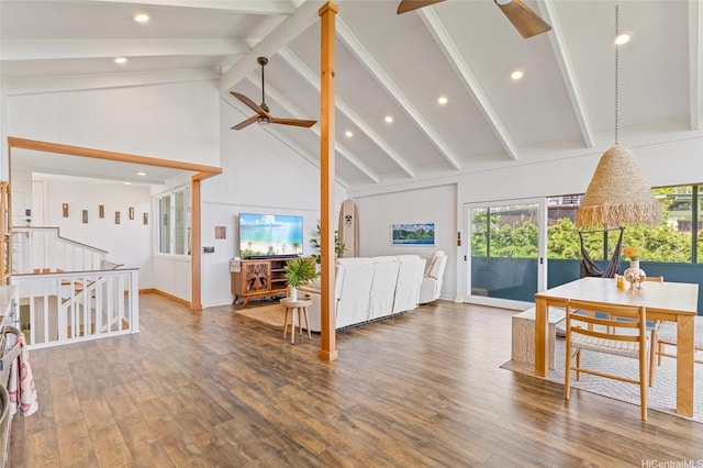 45-173 Kokokahi Pl, Kaneohe, HI 96744 - living room with high vaulted ceiling, ceiling fan, beam ceiling, wood finished floors, and healthy amount of natural light