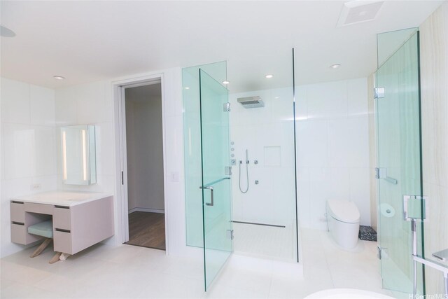 1118 Ala Moana Blvd Unit 2, Honolulu, HI 96814 - full bathroom with a stall shower, vanity, toilet, and recessed lighting