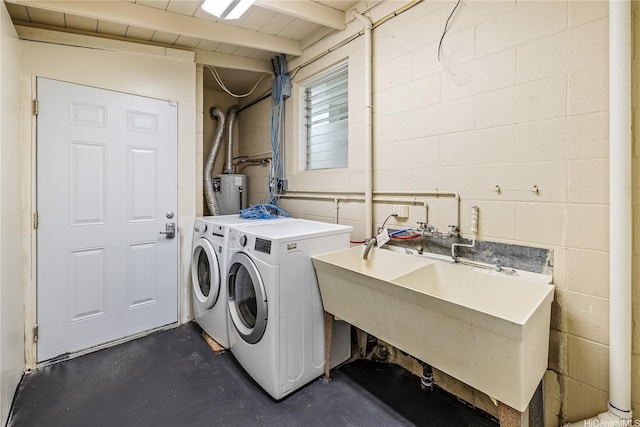 2017 Liliha St, Honolulu, HI 96817 - washroom with water heater, independent washer and dryer, and concrete block wall