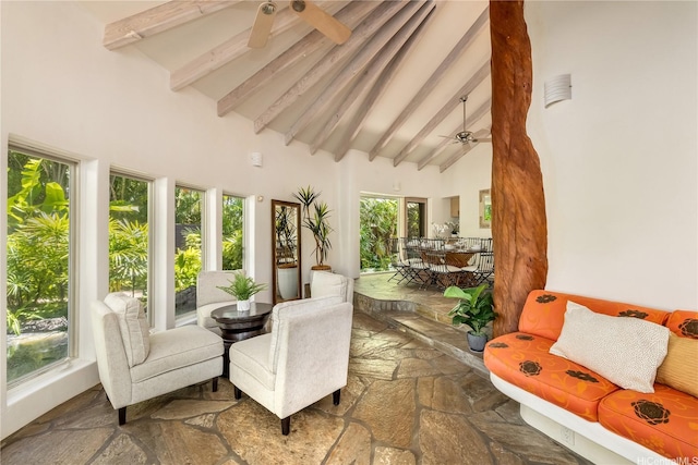 4745 Aukai Ave, Honolulu, HI 96816 - sunroom with stone flooring, high vaulted ceiling, and beamed ceiling