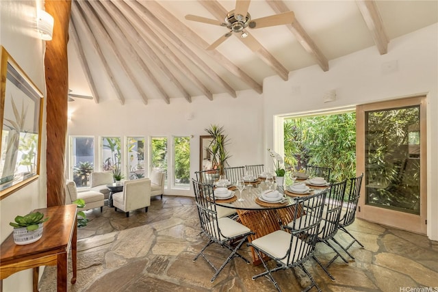 4745 Aukai Ave, Honolulu, HI 96816 - dining area featuring stone flooring, a ceiling fan, high vaulted ceiling, and beam ceiling