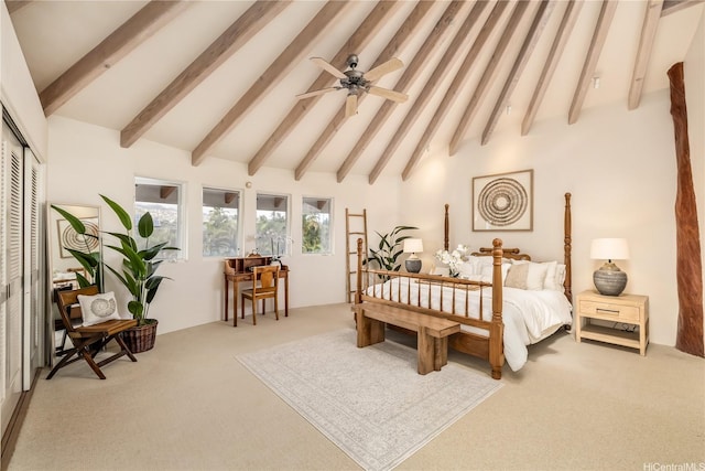 4745 Aukai Ave, Honolulu, HI 96816 - carpeted bedroom featuring beam ceiling, a closet, and high vaulted ceiling