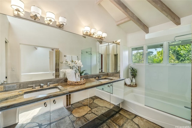 4745 Aukai Ave, Honolulu, HI 96816 - bathroom with stone tile flooring, a garden tub, and double vanity