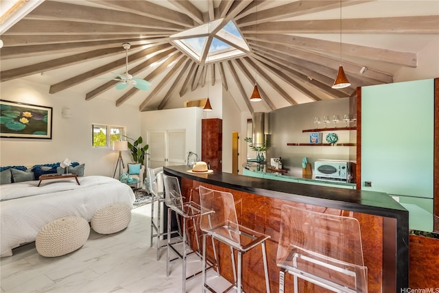 4745 Aukai Ave, Honolulu, HI 96816 - indoor bar featuring white microwave, marble finish flooring, pendant lighting, and ceiling fan