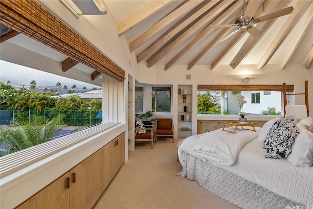 4745 Aukai Ave, Honolulu, HI 96816 - bedroom with light carpet, beam ceiling, high vaulted ceiling, and ceiling fan
