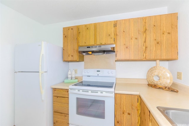 95-662 Hanile St Unit B201, Mililani, HI 96789 - kitchen featuring under cabinet range hood, white appliances, and light countertops