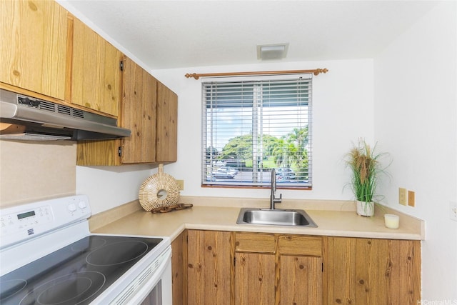 95-662 Hanile St Unit B201, Mililani, HI 96789 - kitchen with electric range, a sink, under cabinet range hood, light countertops, and brown cabinets