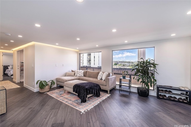 2638 Nakookoo St Unit 501, Honolulu, HI 96826 - living room with dark wood-style floors, baseboards, and recessed lighting