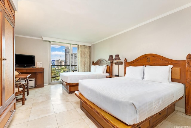2045 Kalakaua Ave Unit 604, Honolulu, HI 96815 - bedroom with ornamental molding, access to exterior, and light tile patterned floors