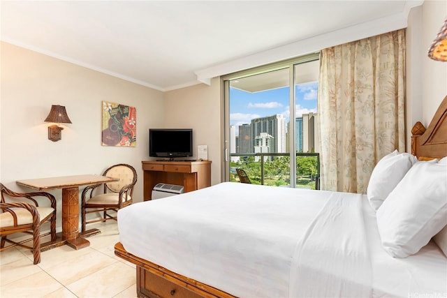 2045 Kalakaua Ave Unit 604, Honolulu, HI 96815 - bedroom featuring access to exterior, light tile patterned floors, and crown molding