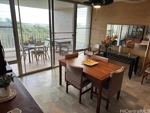 dining area featuring a ceiling fan and a wall of windows