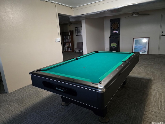 playroom with carpet floors, billiards table, and a ceiling fan