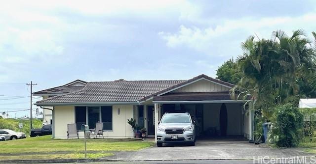 47-166 Wailehua Rd, Kaneohe, HI 96744 - ranch-style house featuring driveway, a tile roof, an attached carport, and a front yard