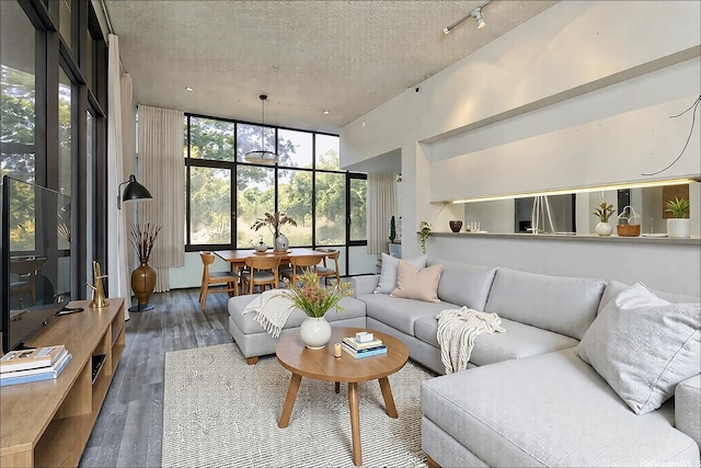 5333 Likini St Unit 110, Honolulu, HI 96818 - living area with wood finished floors, a textured ceiling, and a wall of windows