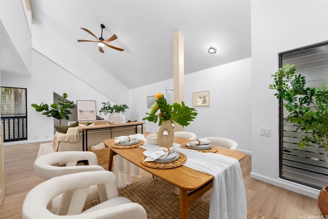 46-160 Kiowai St Unit 2324, Kaneohe, HI 96744 - dining space with ceiling fan, light wood-style floors, vaulted ceiling, and baseboards