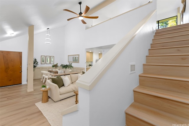 46-160 Kiowai St Unit 2324, Kaneohe, HI 96744 - stairs with wood finished floors, a ceiling fan, and high vaulted ceiling