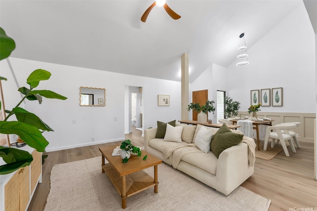 46-160 Kiowai St Unit 2324, Kaneohe, HI 96744 - living area with a ceiling fan, light wood-type flooring, and high vaulted ceiling