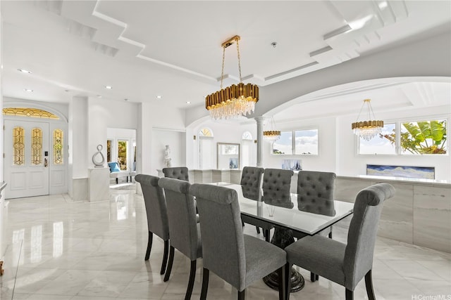 671 Kahiau Loop, Honolulu, HI 96821 - dining room featuring arched walkways, light marble finish floors, a chandelier, recessed lighting, and ornate columns