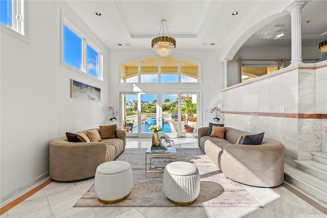 671 Kahiau Loop, Honolulu, HI 96821 - living room with decorative columns, inlaid floor details, a high ceiling, plenty of natural light, and recessed lighting