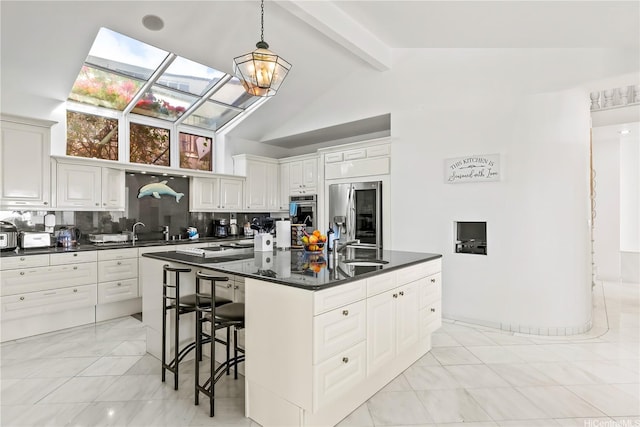 671 Kahiau Loop, Honolulu, HI 96821 - kitchen featuring stainless steel appliances, dark countertops, beam ceiling, a kitchen bar, and backsplash