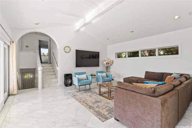 671 Kahiau Loop, Honolulu, HI 96821 - living area featuring light marble finish flooring, stairs, arched walkways, and recessed lighting
