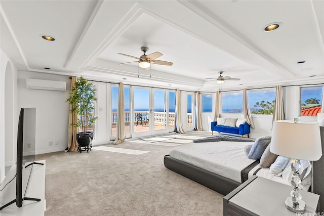 671 Kahiau Loop, Honolulu, HI 96821 - bedroom featuring a raised ceiling, a wall mounted AC, access to exterior, carpet, and recessed lighting