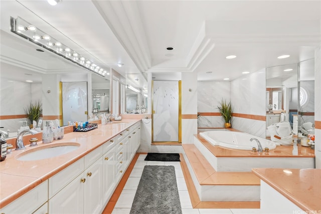 671 Kahiau Loop, Honolulu, HI 96821 - full bathroom with a tub with jets, double vanity, tile patterned floors, a shower stall, and recessed lighting