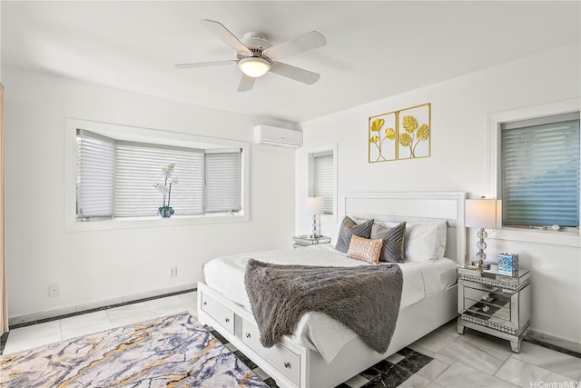 671 Kahiau Loop, Honolulu, HI 96821 - bedroom with a wall mounted air conditioner, light marble finish flooring, and ceiling fan
