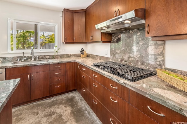 440 Akoakoa Pl, Kailua, HI 96734 - kitchen with under cabinet range hood, black gas cooktop, a sink, backsplash, and stone counters