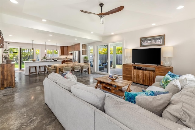 440 Akoakoa Pl, Kailua, HI 96734 - living area featuring recessed lighting, ceiling fan, and finished concrete floors