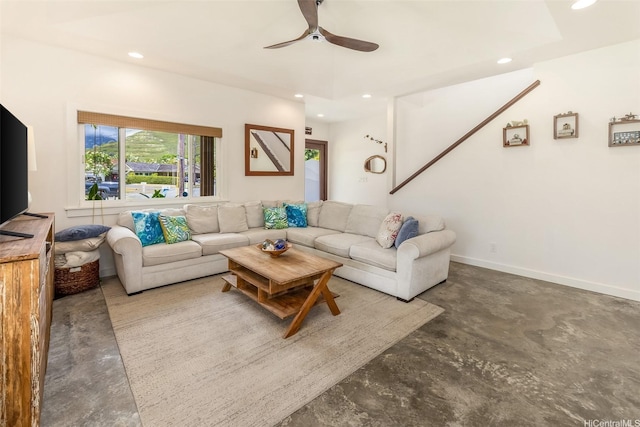440 Akoakoa Pl, Kailua, HI 96734 - living area featuring concrete floors, a ceiling fan, recessed lighting, and baseboards