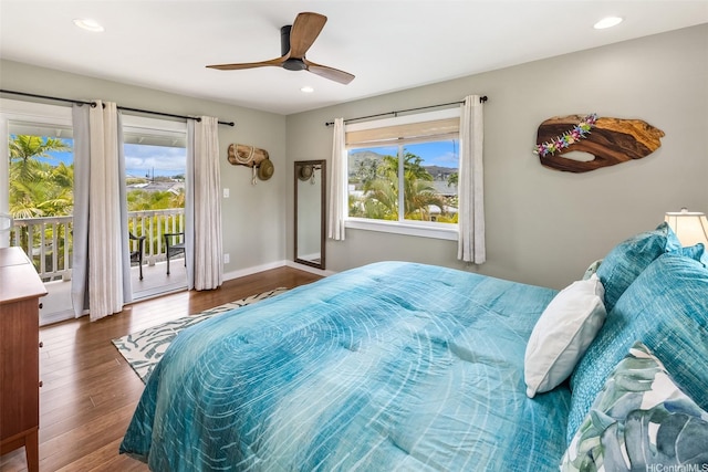440 Akoakoa Pl, Kailua, HI 96734 - bedroom with access to exterior, wood finished floors, recessed lighting, baseboards, and a ceiling fan