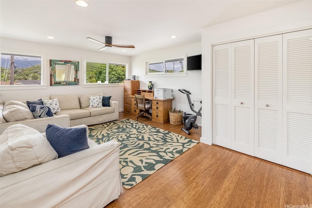 440 Akoakoa Pl, Kailua, HI 96734 - living room featuring wood finished floors, ceiling fan, and recessed lighting