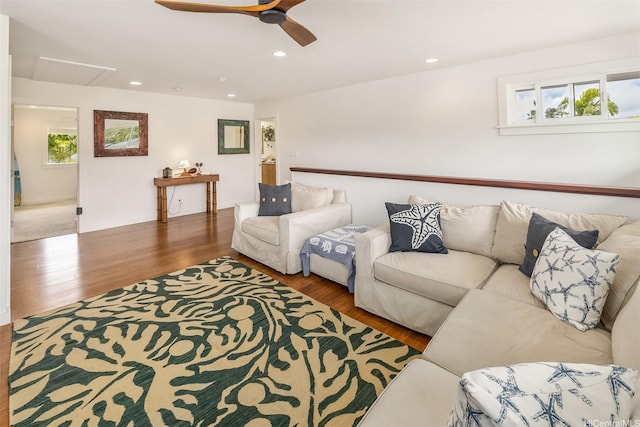440 Akoakoa Pl, Kailua, HI 96734 - living room with attic access, plenty of natural light, ceiling fan, wood finished floors, and recessed lighting