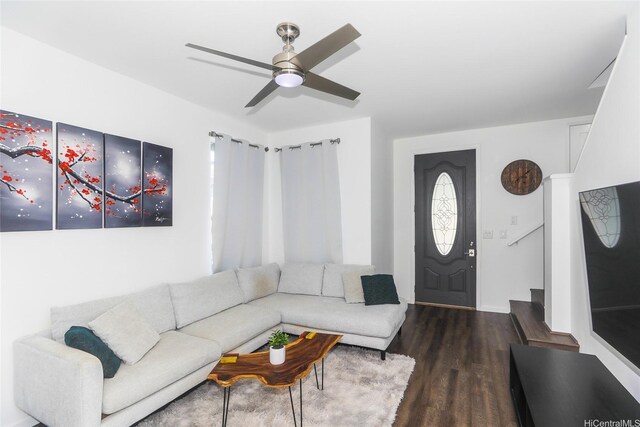 91-1031C Opuku St, Kapolei, HI 96707 - living area featuring wood finished floors and a ceiling fan