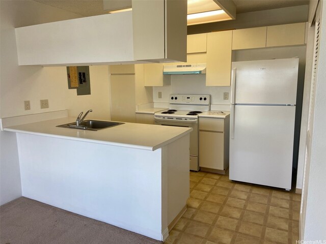 94-1081 Kepakepa St Unit K11, Waipahu, HI 96797 - kitchen with white appliances, a sink, under cabinet range hood, electric panel, and a peninsula