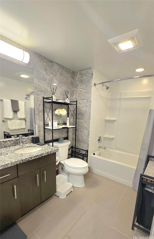 988 Halekauwila St Unit 1801, Honolulu, HI 96814 - full bath with vanity, shower / tub combo with curtain, tile patterned flooring, and tile walls