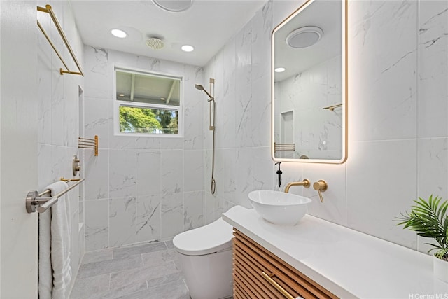 465A Kawailoa Rd, Kailua, HI 96734 - bathroom featuring vanity, toilet, a marble finish shower, tile walls, and recessed lighting