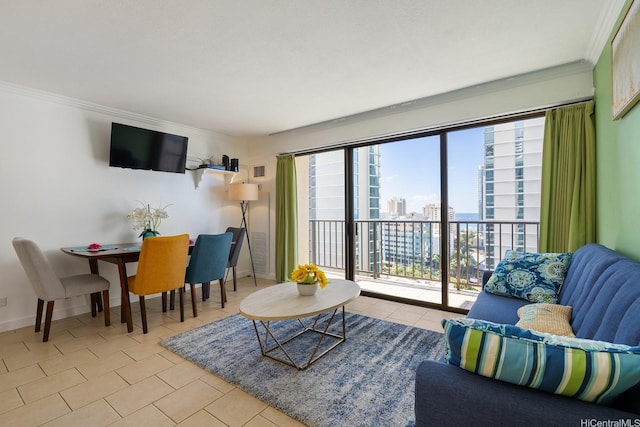2140 Kuhio Ave Unit 1808, Honolulu, HI 96815 - tiled living area featuring crown molding and baseboards