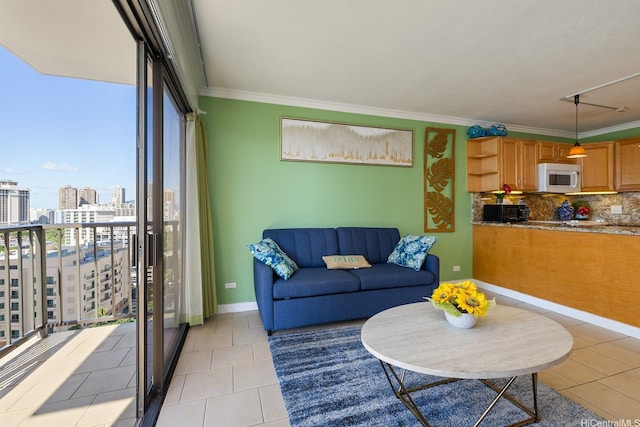 2140 Kuhio Ave Unit 1808, Honolulu, HI 96815 - living area featuring a view of city, light tile patterned floors, a wall of windows, ornamental molding, and baseboards