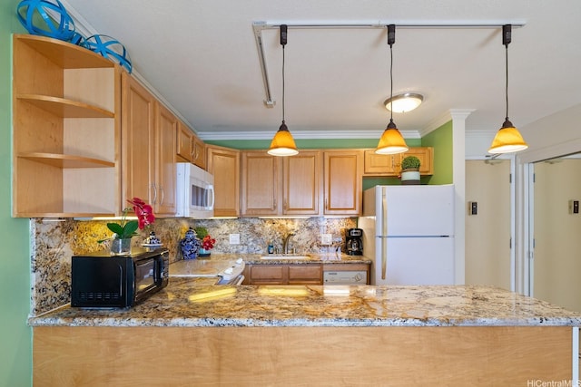 2140 Kuhio Ave Unit 1808, Honolulu, HI 96815 - kitchen with white appliances, open shelves, a sink, tasteful backsplash, and a peninsula