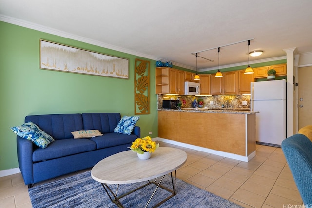 2140 Kuhio Ave Unit 1808, Honolulu, HI 96815 - living area with rail lighting, light tile patterned flooring, ornamental molding, and baseboards