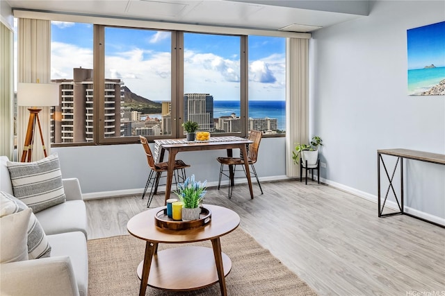 411 Hobron Ln Unit 3905, Honolulu, HI 96815 - living area featuring wood finished floors, plenty of natural light, baseboards, and a water view