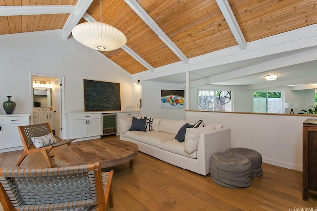 759 Elepaio St, Honolulu, HI 96816 - living area with beverage cooler, wood finished floors, wooden ceiling with exposed beams, and high vaulted ceiling