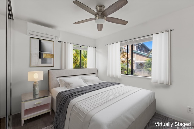 95-1039 Palamoa St Unit 107, Mililani, HI 96789 - bedroom featuring a wall mounted AC, a ceiling fan, and baseboards